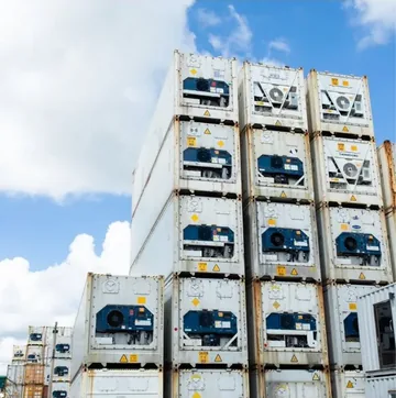 Pila de contenedores Reefer refrigerados blancos contra el cielo — stock disponible